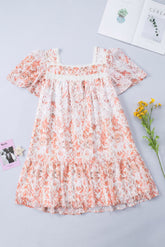 Mini-robe boutonnée en dentelle épissée à col carré et manches bouffantes